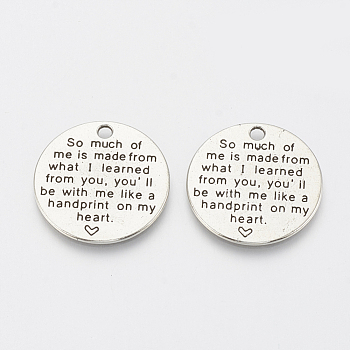 Tibetan Style Alloy Quote Pendants for Teachers' Day, Flat Round with Word, Cadmium Free & Lead Free,, Antique Silver, 24.5x1.5mm, Hole: 2mm