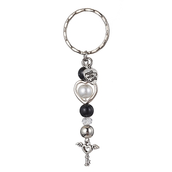 Alloy Key Charms Keychains, with Acrylic Beads and Iron Split Ring, Platinum, 8.4cm
