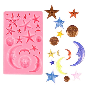 DIY Sun Face & Moon & Star Shape Food Grade Silicone Molds, Fondant Molds, For DIY Cake Decoration, Chocolate, Candy, UV Resin & Epoxy Resin Jewelry Making, Pink, 183x115x10mm, Inner Diameter: 10~72x6~45mm