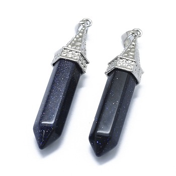 Synthetic Blue Goldstone Pointed Pendants, with Alloy Findings, Bullet, Platinum, 61x14.5x12.5mm, Hole: 3.5x
7.5mm