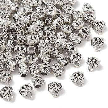 Tibetan Style Alloy Tube Bails, Barrel with Flower, Antique Silver, 10.5x9x7.5mm, Hole: 2.5mm, Inner Diameter: 4.5mm