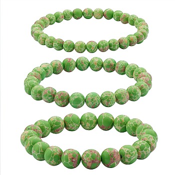 3Pcs 3 Size Synthetic Imperial Jasper Round Beaded Stretch Bracelets Set, Gemstone Jewelry for Women, Lime Green, Inner Diameter: 2-1/8 inch(5.5cm), Beads: 6~10mm, 1Pc/size