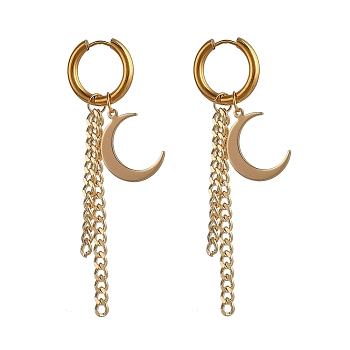 304 Stainless Steel Huggie Hoop Earrings, Hypoallergenic Earrings, with Brass Pendants & Curb Chains, Moon, Golden, 78mm, Pin: 1mm