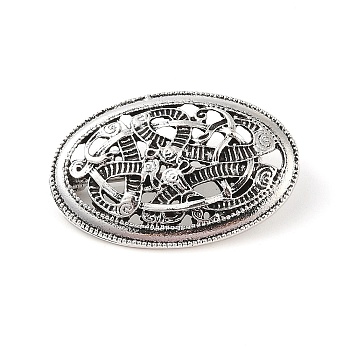 Tibetan Style Alloy Brooches, Flat Round with Knot, Antique Silver, 25x38x5mm