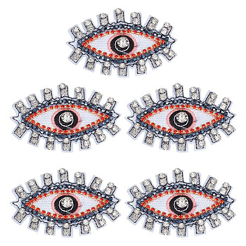 5Pcs Evil Eye Cloth Embroidered Appliques, Rhinestone & Plastic Beading Ornament Accessories, Sewing Craft Decoration, Red, 82x52x7mm