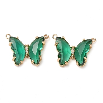 Brass Pave Faceted Glass Connector Charms, Golden Tone Butterfly Links, Medium Sea Green, 17.5x23x5mm, Hole: 0.9mm