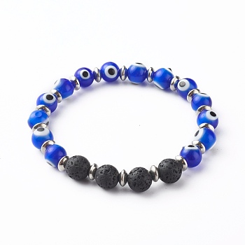 Handmade Evil Eye Lampwork Beaded Stretch Bracelets, with Natural Lava Rock & 304 Stainless Steel Beads, Blue, Inner Diameter: 2-5/8 inch(6.6cm)