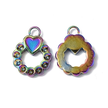 Ion Plating(IP) 304 Stainless Steel Pendant Cabochon & Rhinestone Settings, Flat Round Charm, Rainbow Color, Fit for 1mm Rhinestone, Heart Tray: 3.5x3.5mm, 13.5x10x2mm, Hole: 2mm