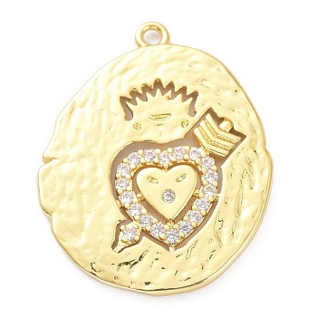 Brass Micro Pave Clear Cubic Zirconia Pendants, Oval with An Arrow Through a Heart , Golden, 27.5x22x2mm, Hole: 1.4mm