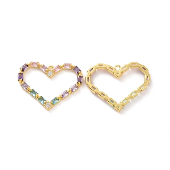 Brass Pave Colorful Cubic Zirconia Pendants, Heart Charm, Real 18K Gold Plated, 20x25.5x3mm, Hole: 1.4mm