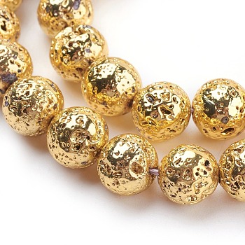 Electroplated Natural Lava Rock Bead Strands, Round, Bumpy, Golden Plated, 12mm, Hole: 1.5mm, about 30pcs/strand, 15.35 inch(39cm)
