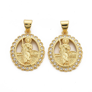 Brass Micro Pave Cubic Zirconia Pendants, Nickel Free, Oval with Virgin, Real 16K Gold Plated, 21x16.5x3mm, Hole: 3x5mm