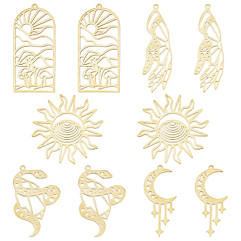 10Pcs 5 Style 201 Stainless Steel Pendants, Outline Charms, Hand with Star & Sun, Snake with Moon, Arch with Sun & Mushroom, Real 18K Gold Plated, 38~48.5x17~38x1mm, Hole: 1.5~1.6mm, 2pcs/style