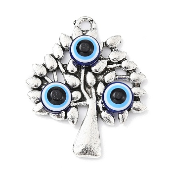 Tibetan Style Alloy Pendants, Tree of Life with Resin Evil Eye Charms, Antique Silver, Tree, 28x24x4.5mm, Hole: 1.8mm