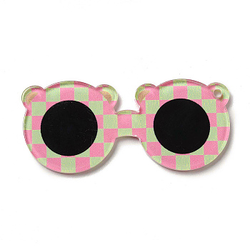 Cute Opaque Printed Acrylic Pendants, Bear Glasses with Tartan Charm, Pearl Pink, 55x25x2mm, Hole: 2mm
