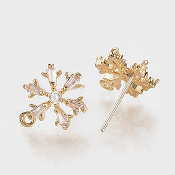 Brass Cubic Zirconia Ear Stud Findings, with Loop, Nickel Free, Snowflake, Real 18K Gold Plated, 11x8.5mm, Hole: 1mm