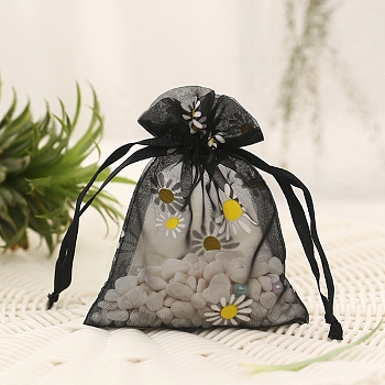Organza Flower Printed Jewellery Storage Pouches, Wedding Favour Party Mesh Drawstring Gift Bags, Rectangle, Black, 23x16cm