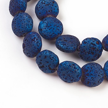 Electroplated Natural Lava Rock Bead Strands, Flat Round, Blue Plated, 12x6mm, Hole: 1mm, about 32~33pcs/strand, 15 inch~15.3 inch(38~39cm)