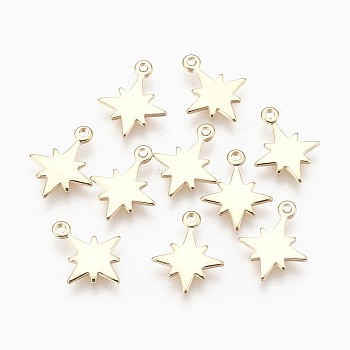 Brass Charms, Star, Nickel Free, Real 18K Gold Plated, 14x11x1mm, Hole: 1mm