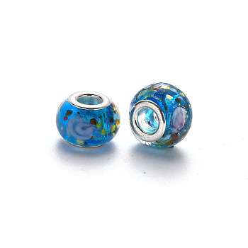 Handmade Lampwork European Beads, Large Hole Rondelle Beads, with Platinum Tone Brass Double Cores, Dodger Blue, 14~15x9~10mm, Hole: 5mm