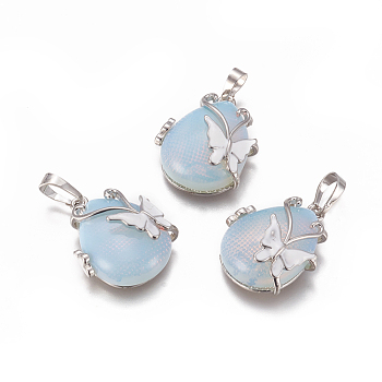 Opalite Pendants, with Enamel and Brass Findings, teardrop, with Butterfly, Platinum, 30x23.5x12mm, Hole: 10x6mm