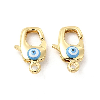 Brass Lobster Claw Clasps, with Enamel, Real 18K Gold Plated, Long-Lasting Plated, Evil Eye Pattern, Deep Sky Blue, 20x16x2mm, Hole: 2~3mm