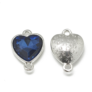 Alloy Glass Links connectors, Faceted, Heart, Platinum, Prussian Blue, 19.5x14x6.5mm, Hole: 1.5mm