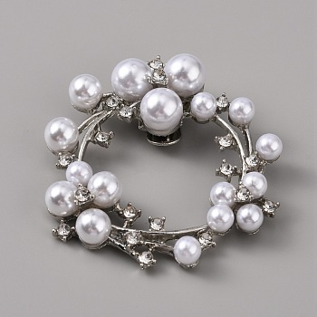 Plastic Imitation Pearl Shoe Decoration, Detachable Shoe Buckle Clips, with Alloy Findings and Crystal Rhinestone, Wreath, Platinum, 56x52.5x15mm