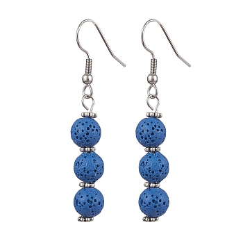 Dyed Nature Lava Rock Round Beaded Dangle Earrings for Women, Royal Blue, 53.5x8mm
