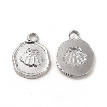 304 Stainless Steel Pendants, Flat Round with Shell Charm, Stainless Steel Color, 16.5x13x2mm, Hole: 2.5mm