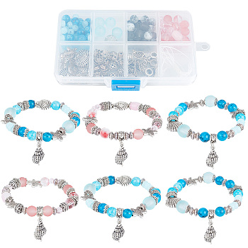 DIY Ocean Theme Stretch Bracelet Making Kit, Including Starfish & & Flower & Bicone & Shell Shape Alloy Beads & Charms, Glass Rondelle & Snowflake Obsidian Chip Beads, Mixed Color, 285Pcs/box