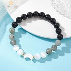Natural Selenite & Labradorite & Black Tourmaline & Shell Beaded Stretch Bracelets for Women, Round & Moon, Bead: 8~8.5mm, Inner Diameter: 2.09 inch(5.3cm)(X-BJEW-JB13084)