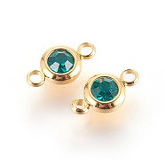 304 Stainless Steel Rhinestone Links connectors, Flat Round, Golden, Emerald, 12x6.5x4mm, Hole: 2mm(X-STAS-P237-17G-12)
