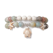2Pcs 2 Styles Natural & Synthetic Mixed Stone Stretch Bracelets Set, Stackable Bracelets with Turtle Charms, Inner Diameter: 2-1/2 inch(6.2cm), 1Pc/style(BJEW-JB10160)