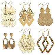 6Pairs 6 Styles Big Rhombus & Teardrop & Flower Dangle Earrings for Girl Women, Wire Wrap Iron Earrings, Mixed Color, 67~105mm, Pin: 0.8mm, 1pair/style(EJEW-SZ0001-56)