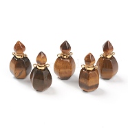 Faceted Natural Tiger Eye Pendants, Openable Perfume Bottle, with Golden Tone Brass Findings, 32~33x17~18x16mm, Hole: 2mm, capacity: 1ml(0.03 fl. oz)(G-H252-B01)