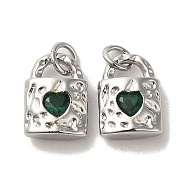 Brass Micro Pave Cubic Zirconia Pendants, Real 18K Gold Plated, Lock, Dark Green, 12.5x9x4mm(KK-H461-06P-02)