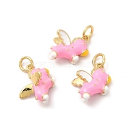 Rack Plating Brass Enamel Pendants, with Jump Rings, Long-Lasting Plated, Lead Free & Cadmium Free, Real 18K Gold Plated, Horse Charm, Pearl Pink, 11x13x7.5mm, Hole: 3.5mm(KK-A177-20G-01)