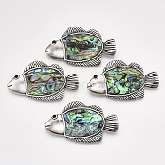 Abalone Shell/Paua Shell Brooches/Pendants, with Alloy Findings and Resin Bottom, Fish, Antique Silver, Colorful, 33x58.5x10mm, Hole: 10x3.5mm, Pin: 0.6mm(SHEL-S275-54A)