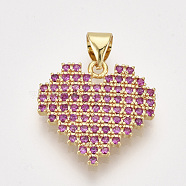 Brass Micro Pave Cubic Zirconia Pendants, Heart, Magenta, Golden, 18x18x3mm, Hole: 4x3mm(ZIRC-T006-70G)