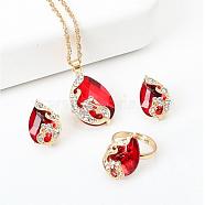 Alloy Glass Pendant Necklaces & Stud Earrings & Rings Sets, Golden, Teardrop with Peacock Patter, Red, 470mm(WGA5C1C-01)