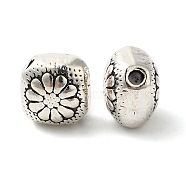 Tibetan Style Alloy Beads, Rhombus with Flower, Antique Silver, 10x10x8mm, Hole: 2mm(FIND-Z059-06AS)