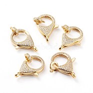 Brass Micro Pave Cubic Zirconia Lobster Claw Clasp, Long-Lasting Plated, Clear, Real 18K Gold Plated, 26.4x18.5x6mm, Hole: 2.8mm(ZIRC-I043-34G-02)