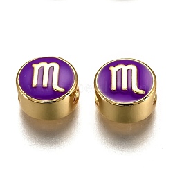 Brass Beads, with Enamel, Flat Round with Constellation, Real 18K Gold Plated, Purple, Scorpio, 10x5mm, Hole: 4.5x2.5mm(ENAM-I046-02G-11)