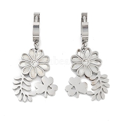 Left and Right Clover & Flower 304 Stainless Steel Shell Dangle Earrings, Rhinestone Hoop Earrings for Women, Stainless Steel Color, 42.5x20mm(EJEW-L283-068P)