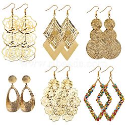 6Pairs 6 Styles Big Rhombus & Teardrop & Flower Dangle Earrings for Girl Women, Wire Wrap Iron Earrings, Mixed Color, 67~105mm, Pin: 0.8mm, 1pair/style(EJEW-SZ0001-56)