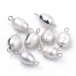 Plated Natural Baroque Pearl Keshi Pearl Links connectors, with Iron Findings, Oval, Platinum, 18~20x8~9x8~9mm, Hole: 2mm(PEAR-S012-07)