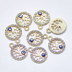 Alloy Pendants, with Crystal Rhinestone and Blue Enamel, Flat Round with Tree of Life and Evil Eye, Light Gold, 17x14x2.5mm, Hole: 2mm(ENAM-S117-31B)