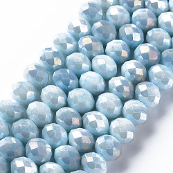 Opaque Baking Painted Glass Beads Strands, Faceted, Flat Round, Sky Blue, 10x8mm, Hole: 1.5mm, about 63pcs/strand, 21.06 inch~21.26 inch(53.5~54cm)(X-EGLA-N006-006F)