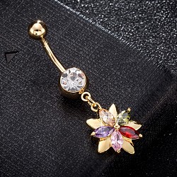 Brass Cubic Zirconia Navel Ring, Belly Rings, with 304 Stainless Steel Bar, Cadmium Free & Lead Free, Real 18K Gold Plated, Flower, Colorful, 43x15mm, Bar: 15 Gauge(1.5mm), Bar Length: 3/8"(10mm)(AJEW-EE0004-25B)